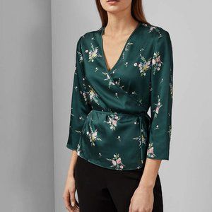 NEW Ted Baker Floral Satin Blouse, Surplice V-neck, Dark Green, US 8/Ted 3